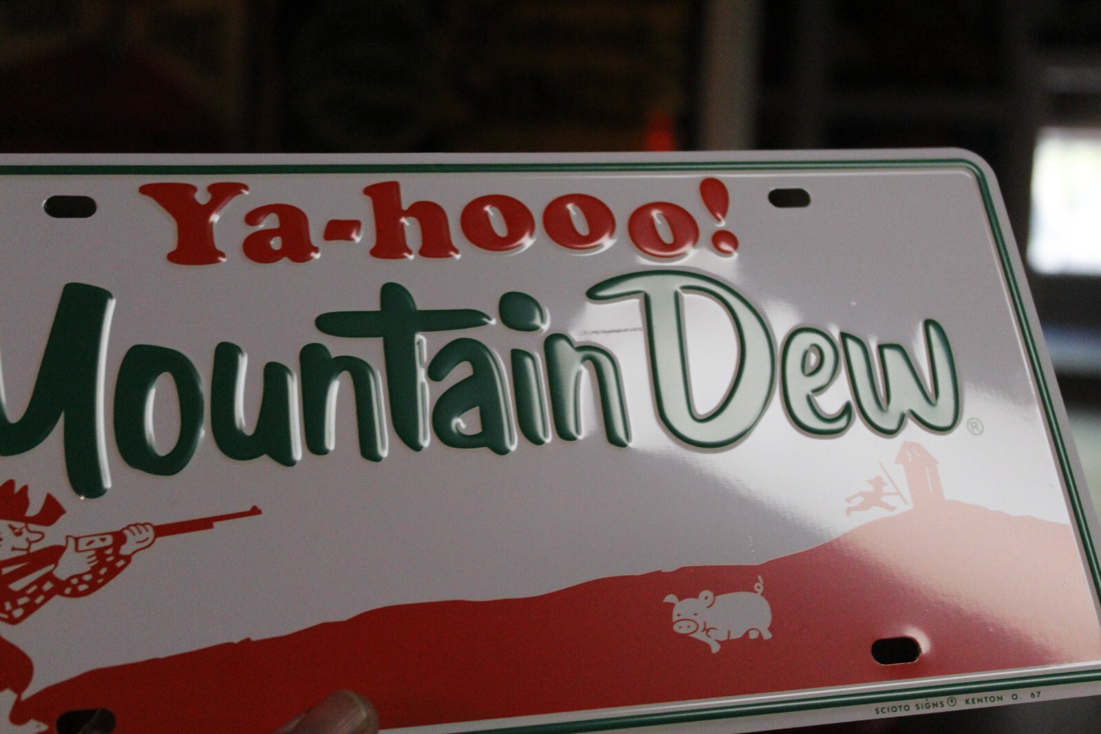 MOUNTAIN DEW SODA POP EMBOSSED METAL SIGN BOTTLE COKE FOUNTAIN GARAGE HILLBILLY
