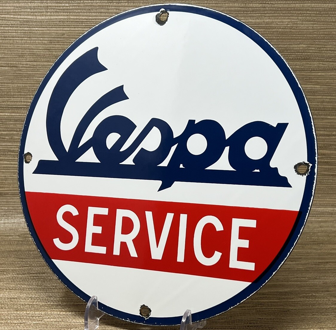 VINTAGE VESPA SCOOTER PORCELAIN SIGN SALES AND SERVICE STATION PUMP PLATE MOPED
