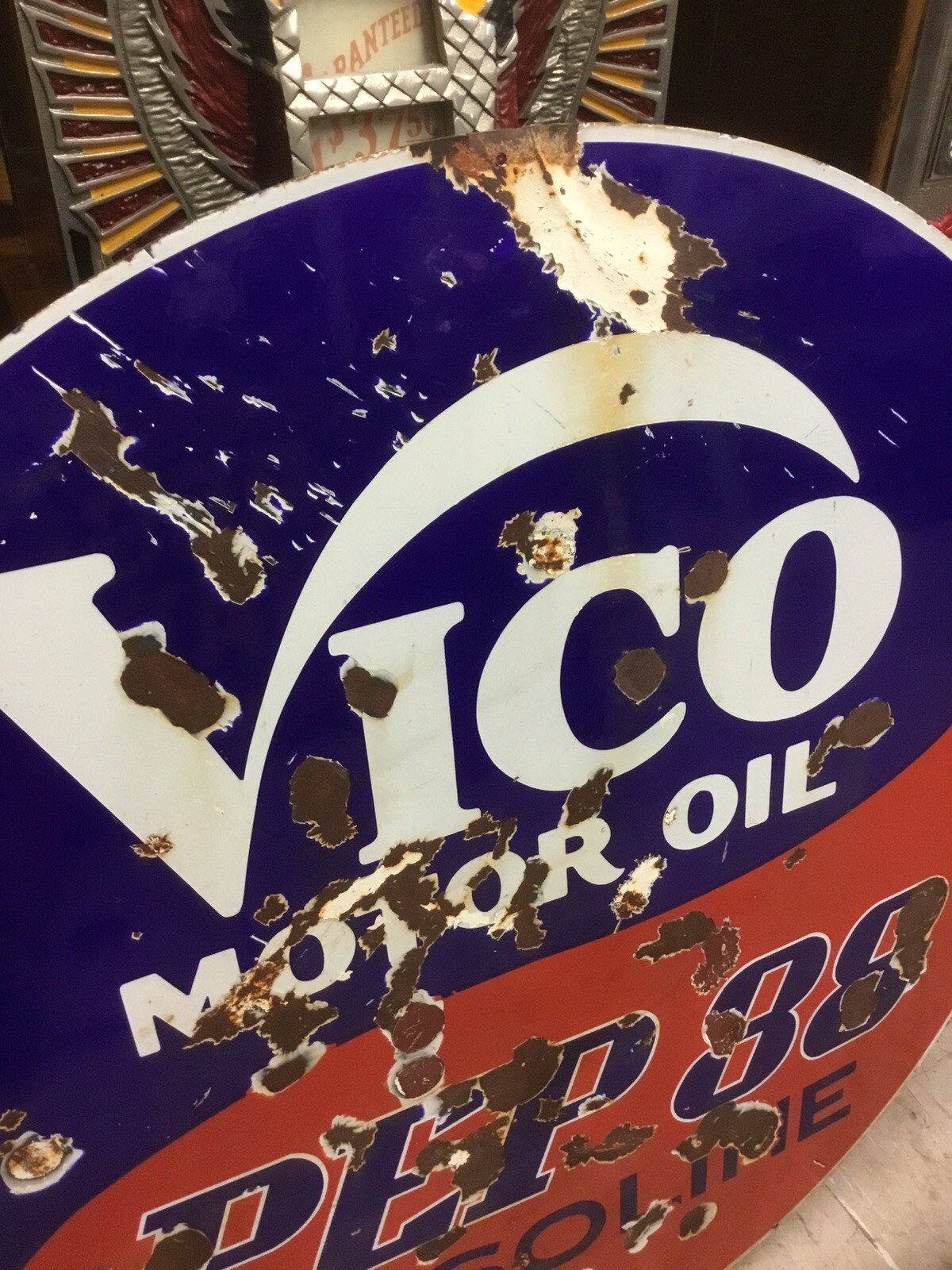 Ultra Rare 1930s 40s Vico Pep88 Gasoline Double Sided Porcelain Sign 42 inches.
