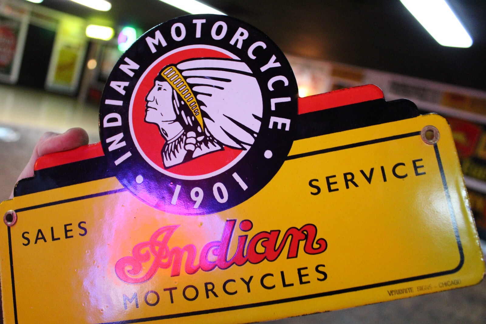 INDIAN MOTORCYCLE DEALER SALES SERVICE PORCEALIN METAL SIGN HARLEY GAS OIL FORD