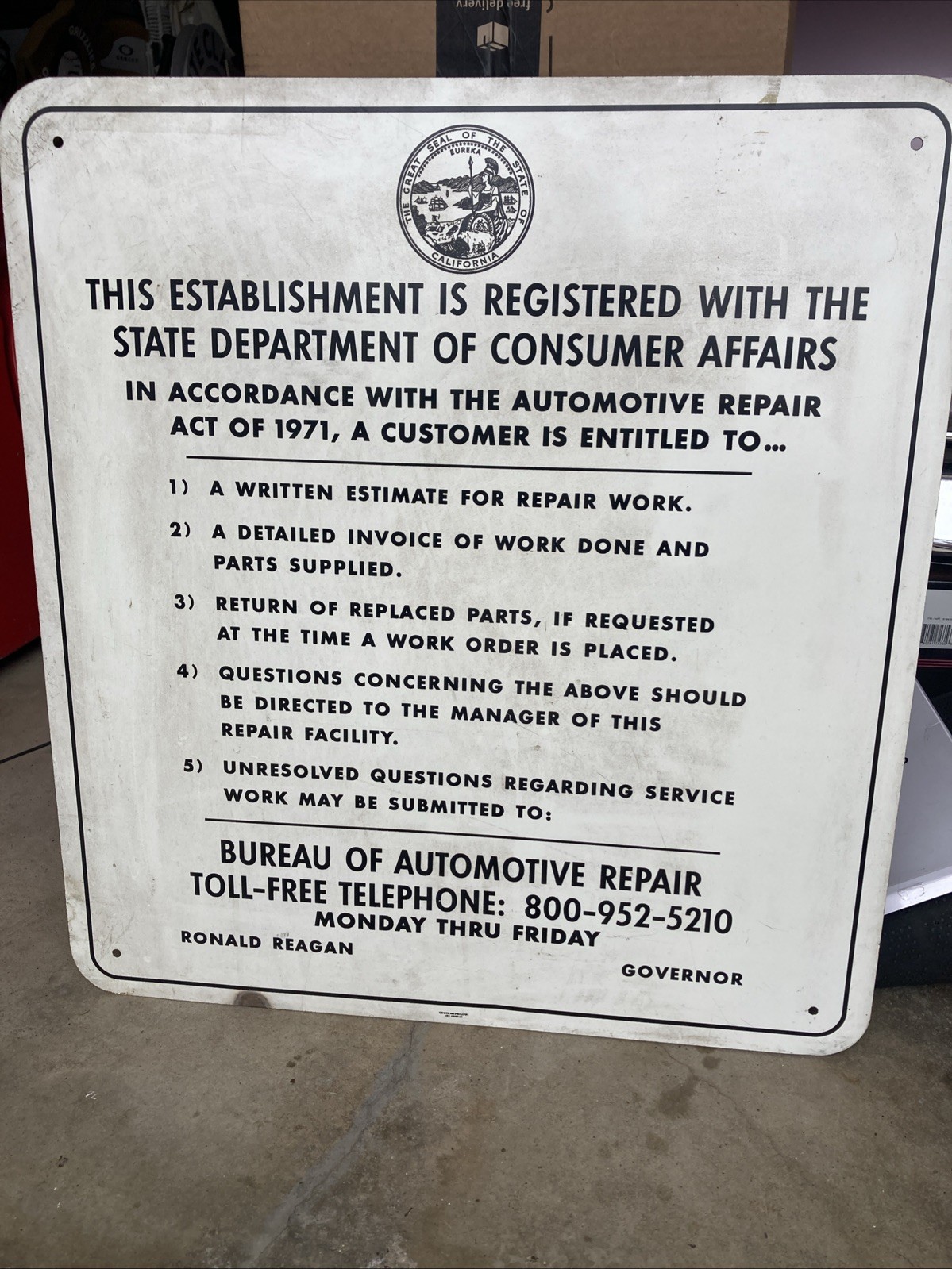 Automotive Repair Act of 1971 Ca Ronald Reagan metal Governor Sign 26″X24″