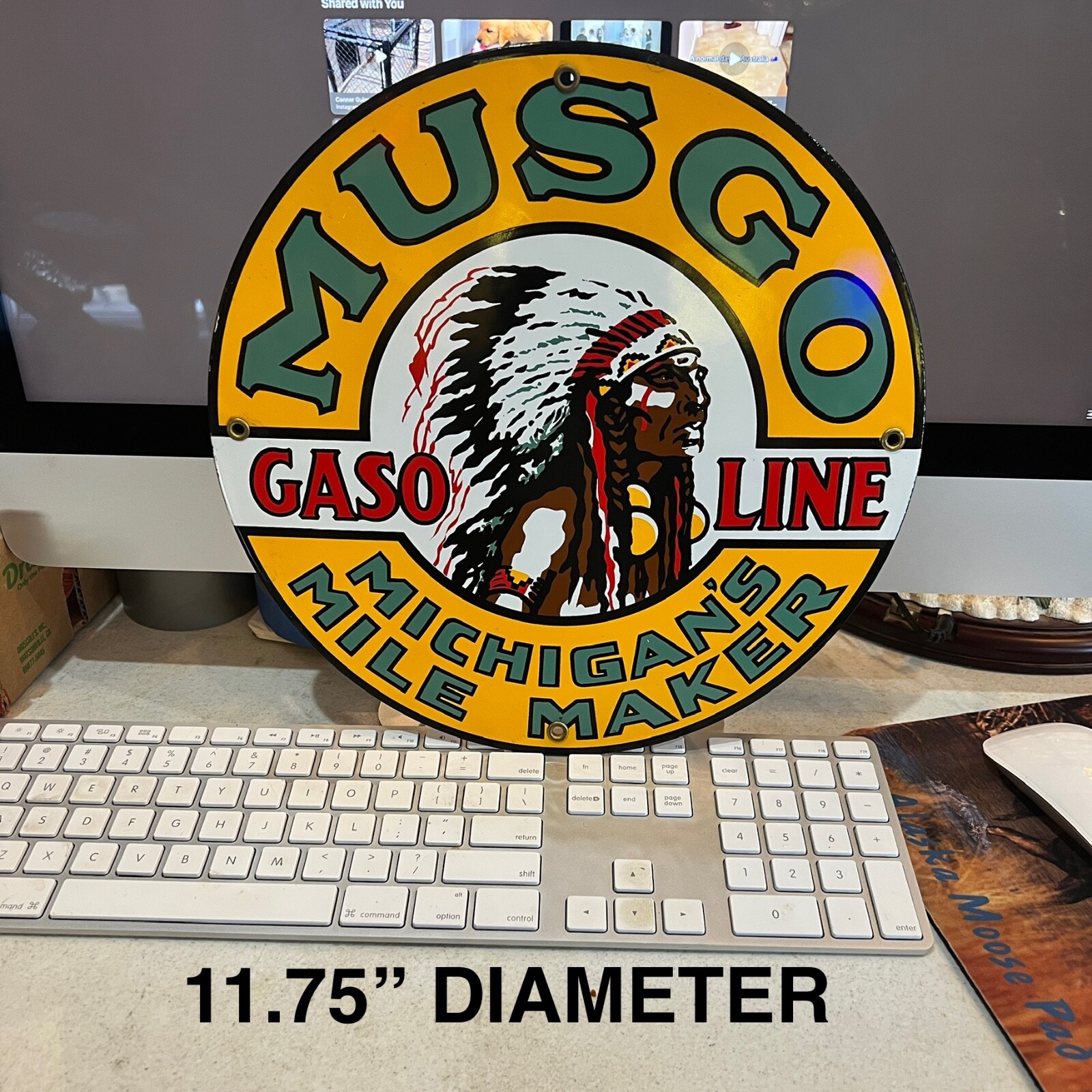 MINT VINTAGE MUSGO GASOLINE MICHIGAN’S MILE MAKER 11.75″ PORCELAIN METAL SIGN