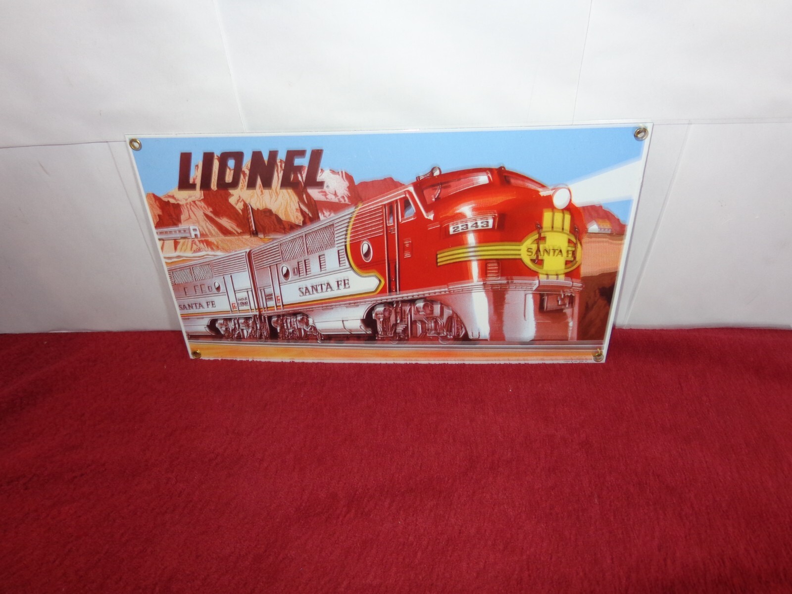 13×7 in LIONEL SANTA FE RAIL ROAD TRAIN ADV. SIGN HEAVY METAL PORCELAIN – Z 441