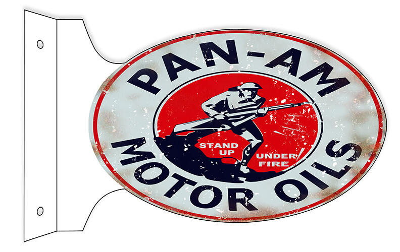 PAN AM MOTOR OILS GASOLINE 18″ HEAVY DUTY USA METAL DOUBLE SIDED GAS ADV SIGN