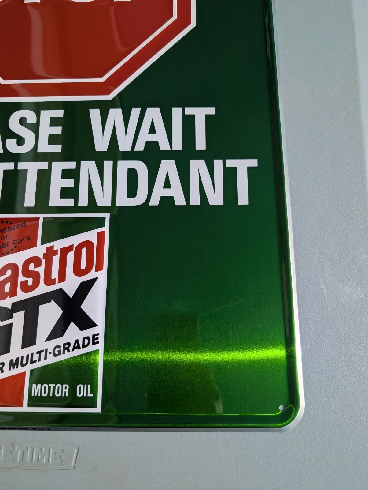 Vintage 1987 Castrol STOP please wait for attendant SIGN NOS ORIGINAL PACKAGING