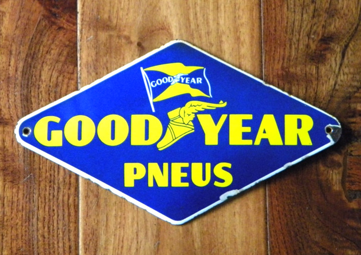 VINTAGE GOOD YEAR PNEUS PORCELAIN METAL SIGN ~8-1/2″ x 4-3/4″ TIRES OIL RACING