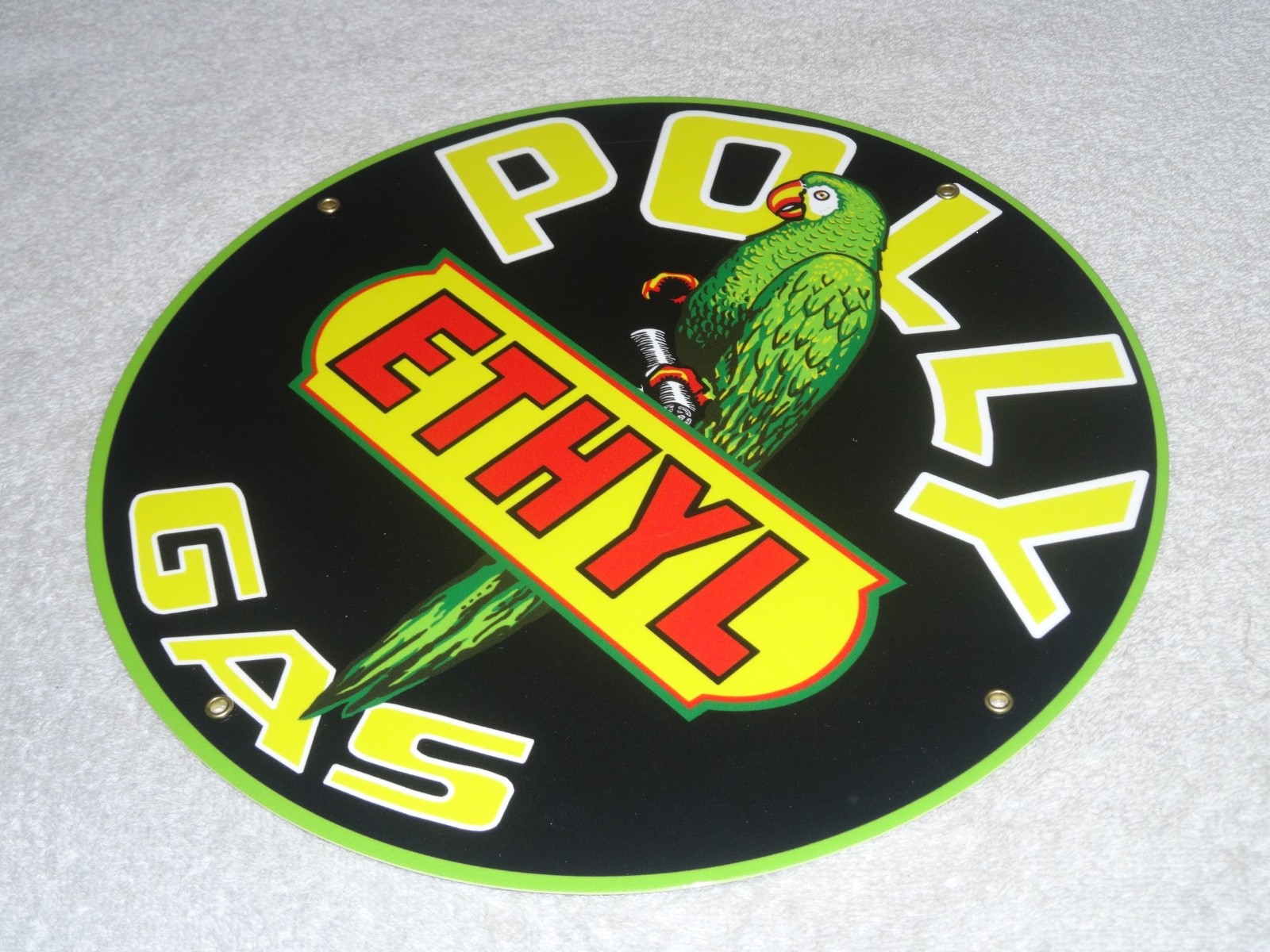 VINTAGE POLLY ETHYL GAS 🦜 PARROT BIRD OIL 11 3/4″ PORCELAIN METAL GASOLINE SIGN