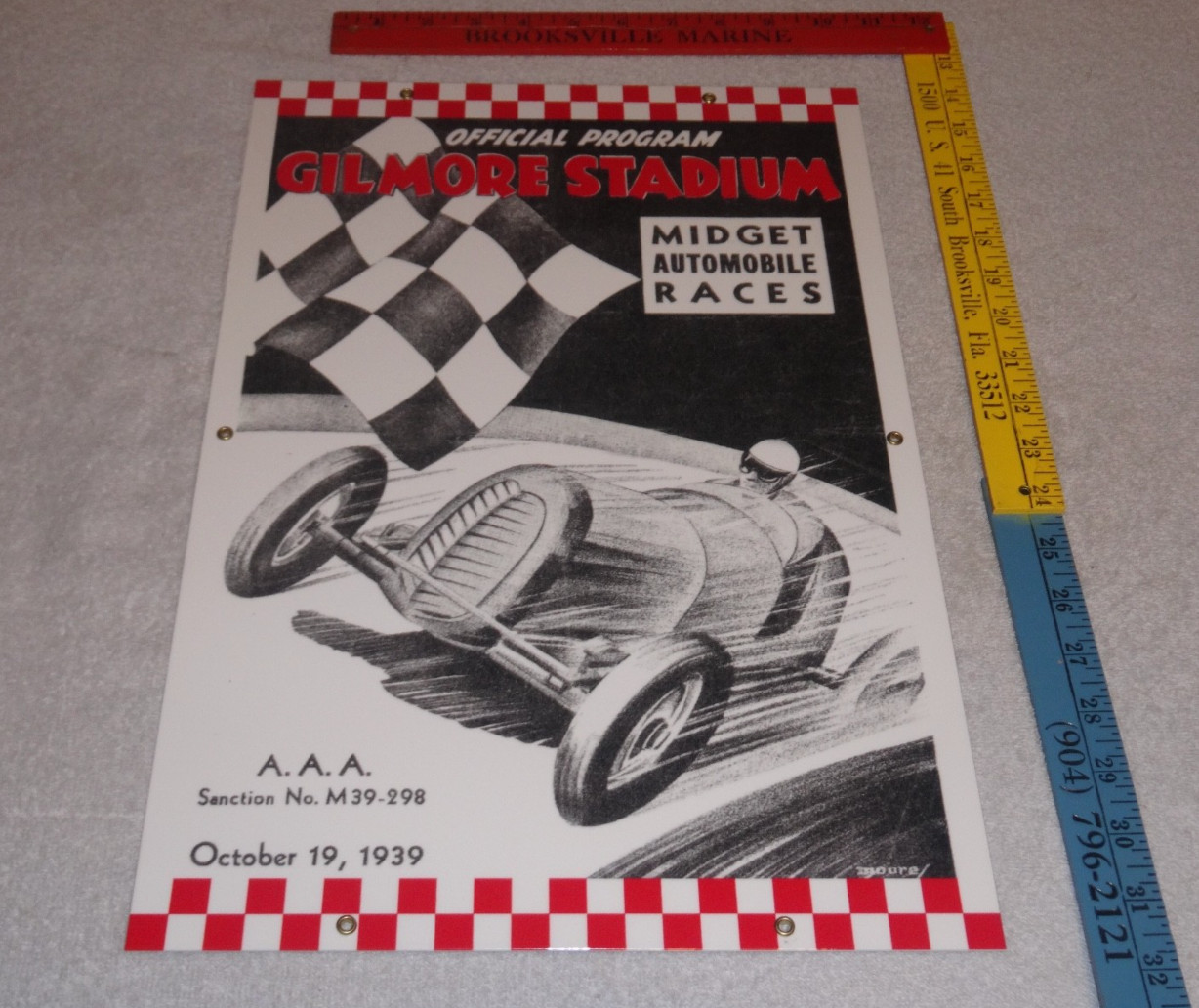 VINTAGE GILMORE STADIUM MIDGET CAR RACE 18″ PORCELAIN METAL GASOLINE & OIL SIGN!