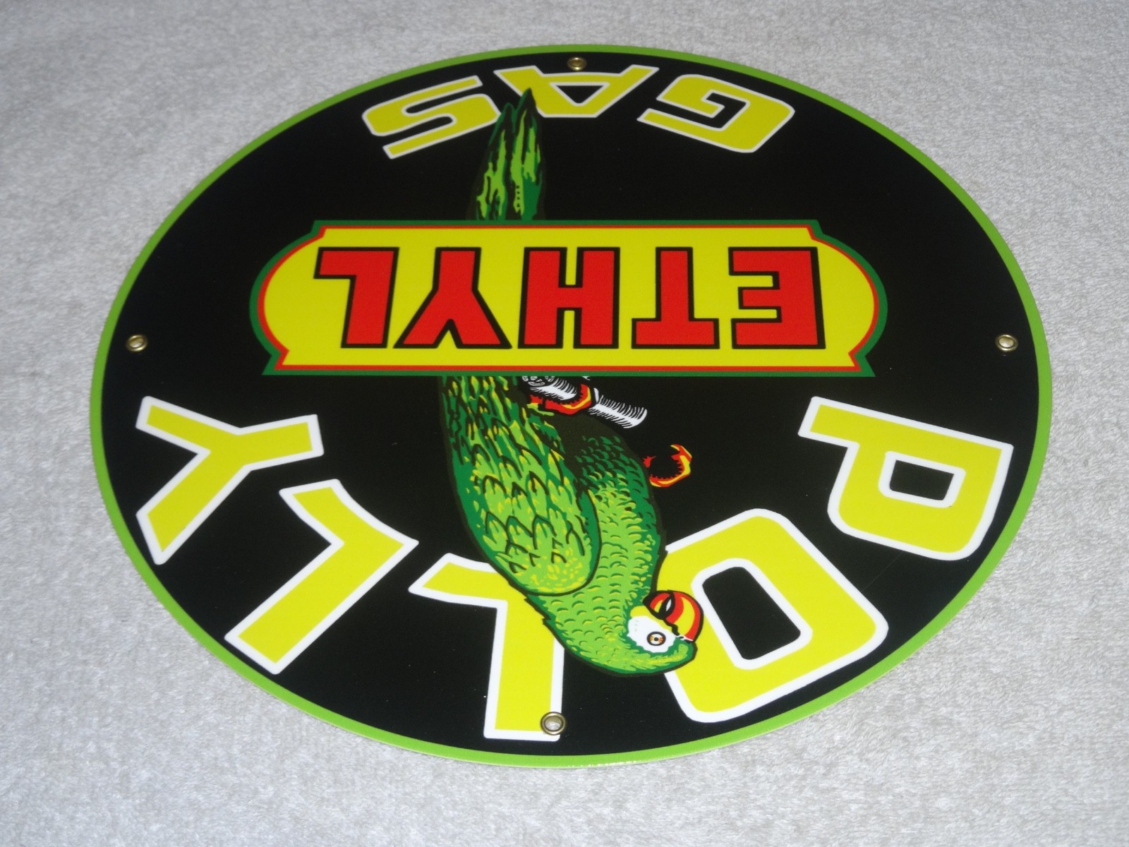 VINTAGE POLLY ETHYL GAS 🦜 PARROT BIRD OIL 11 3/4″ PORCELAIN METAL GASOLINE SIGN