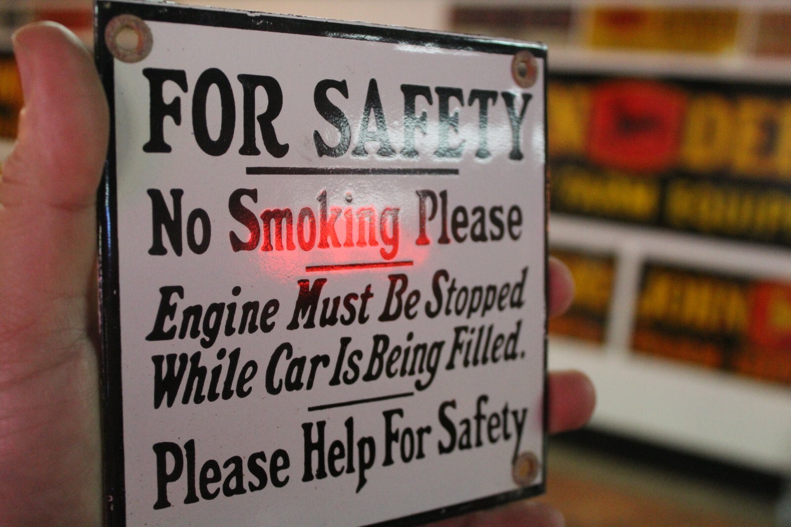 FOR SAFETY NO SMOKING ENGINE MUST STOPPED IN CAR PORCELAIN METAL SIGN GAS OIL 66