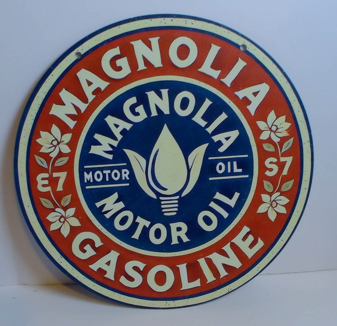 Magnolia Gasoline Motor Oil Round Tin Sign 8” Petroliana Garage Wall Decor