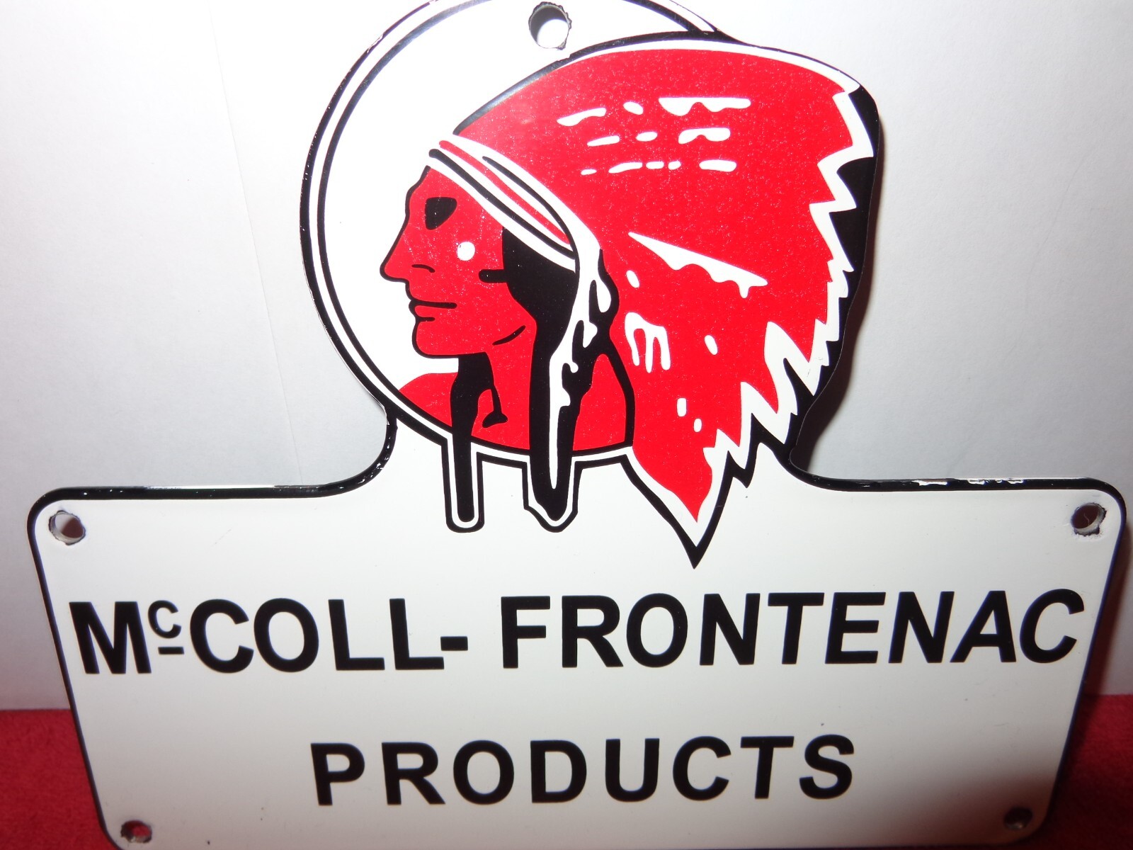 McCOLL – FRONTENAC RED INDIAN SIGN DIE CUT HEAVY METAL PORCELAIN 9 x 7 in # 969
