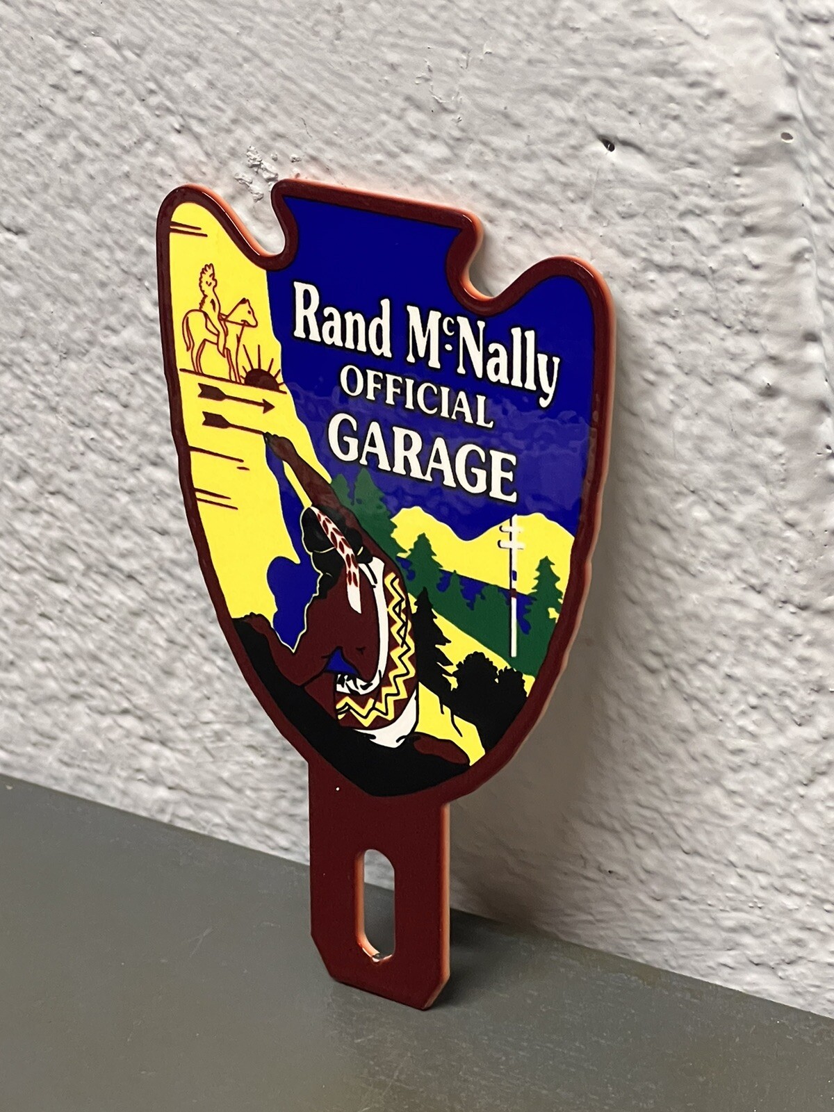 Rand McNally Official Garage Plate Topper Horse Arrowhead Gas Oil Sign Cowboy