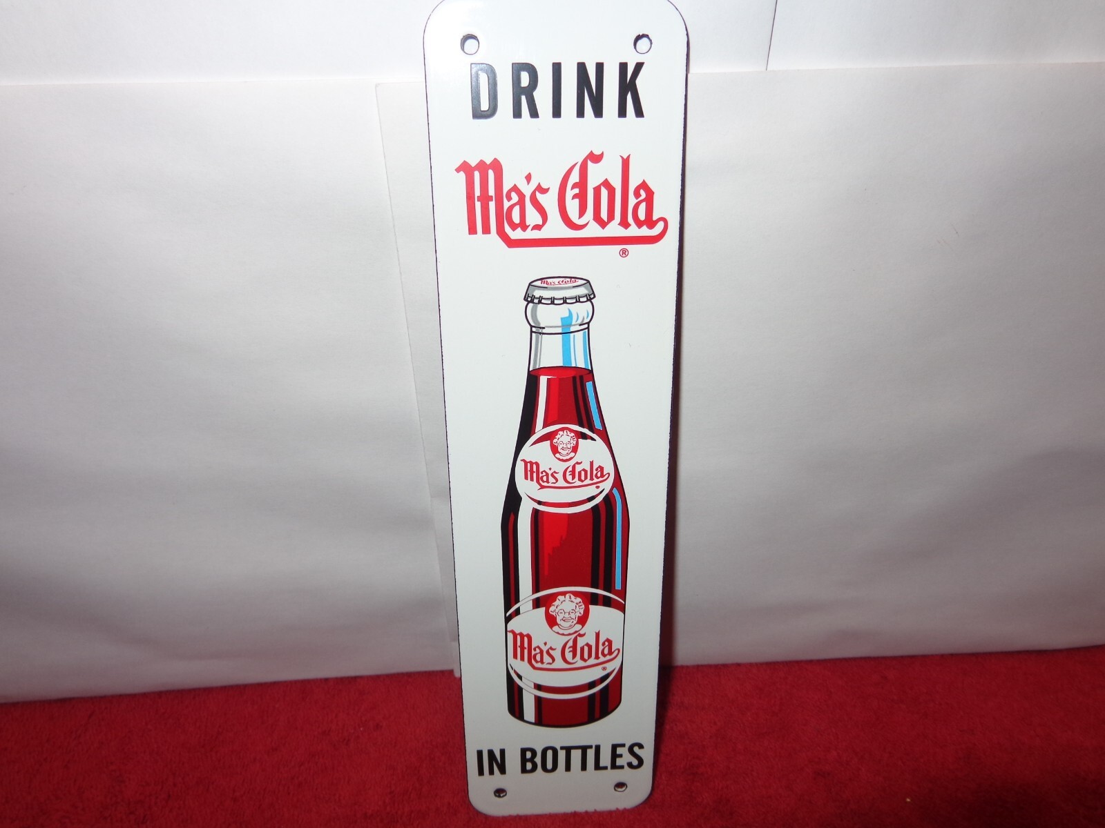 10 x 2 1/2 in DRINK MA`S COLA SODA POP SIGN HEAVY METAL PORCELAIN # 974