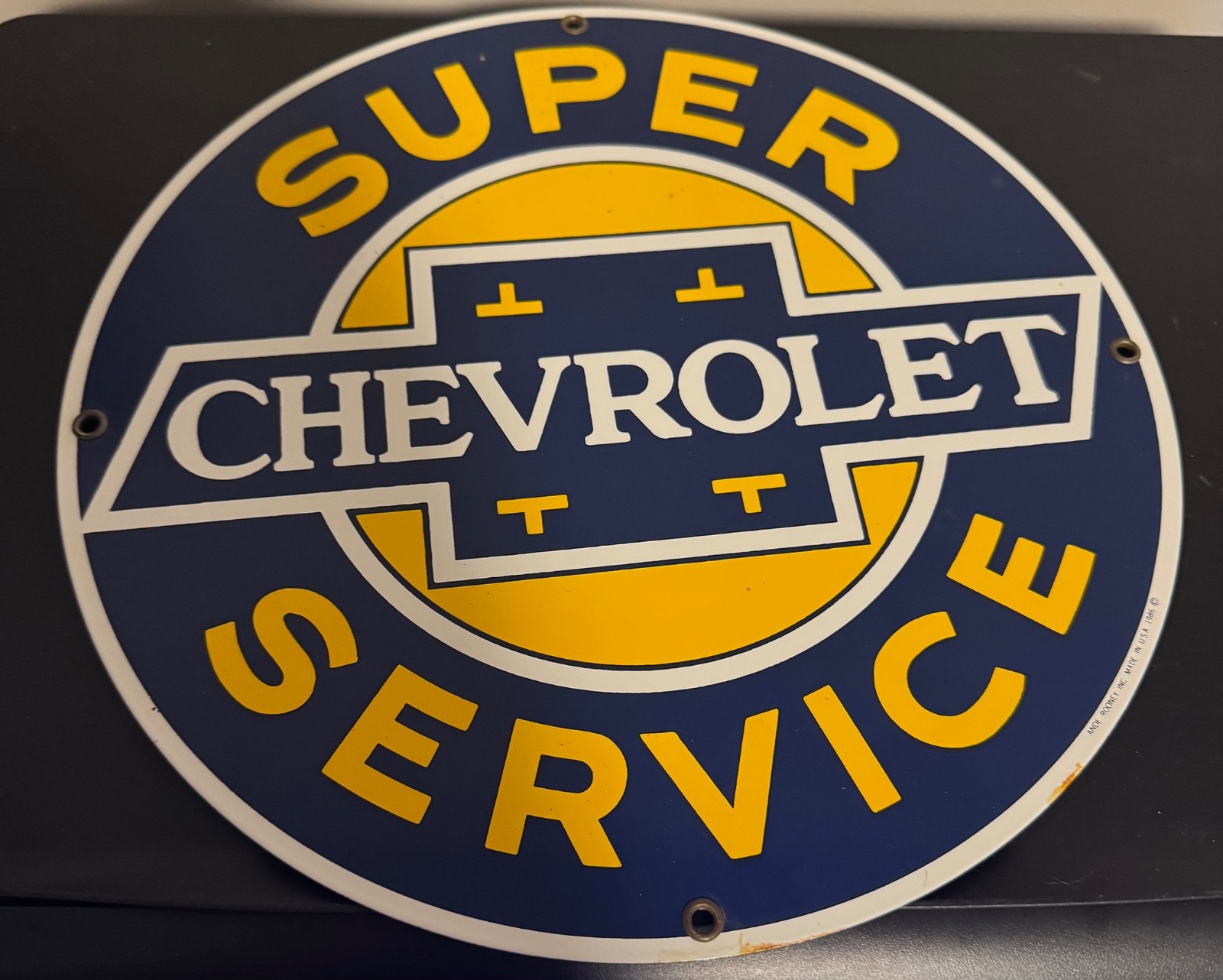 Ande Rooney Super Chevrolet Service Porcelain Enameled Sign. 11” ROUND