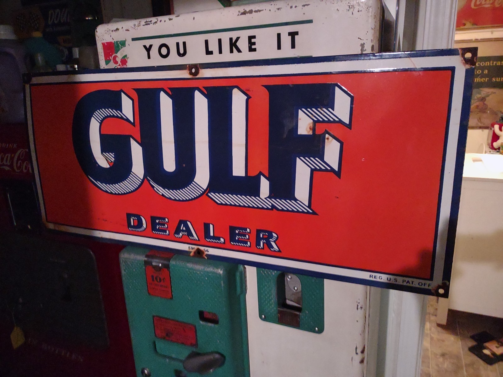 LARGE VINTAGE GULF MOTOR OIL PORCELAIN GAS OIL SERVICE STATION DEALER SIGN 3FT