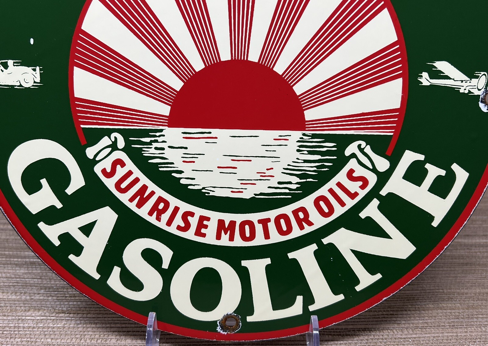 VINTAGE SUNSET GASOLINE PORCELAIN SIGN SERVICE GAS STATION SUNRISE MOTOR OIL