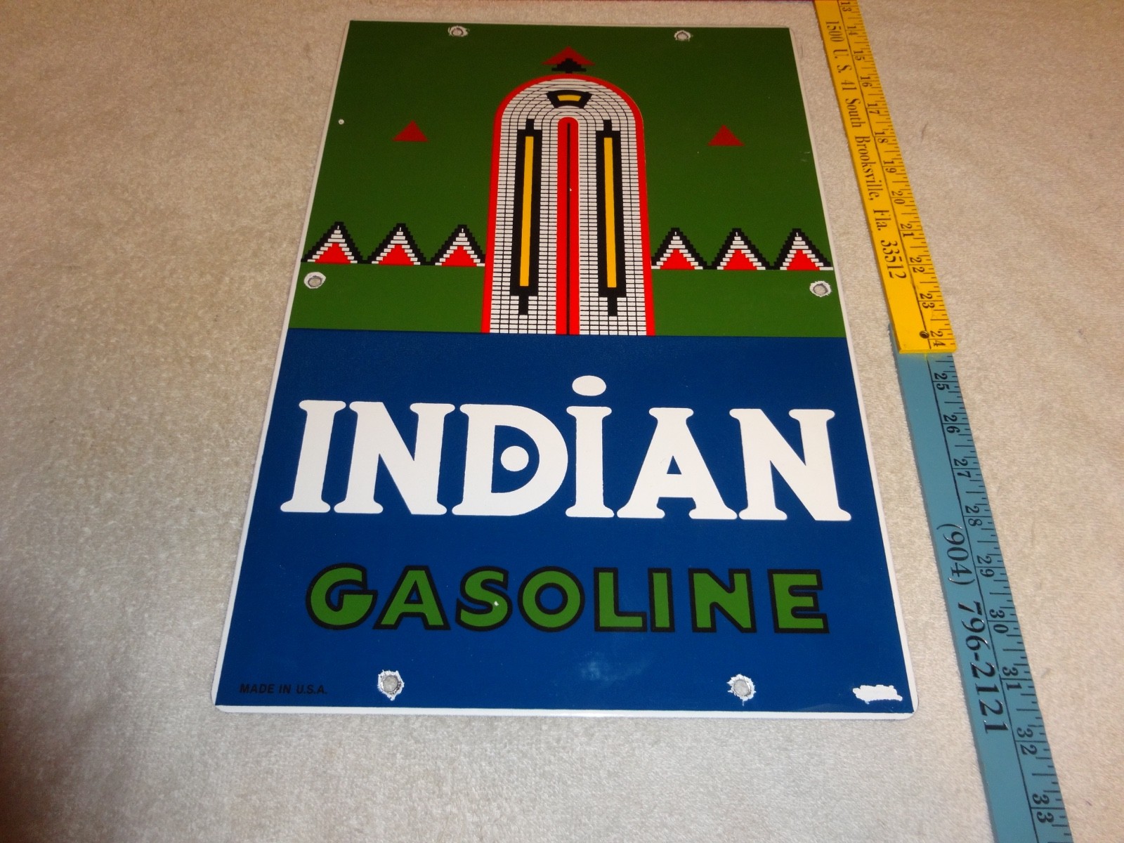VINTAGE INDIAN GASOLINE 18″ PORCELAIN METAL MOTORCYCLE GAS & OIL PUMP PLATE SIGN