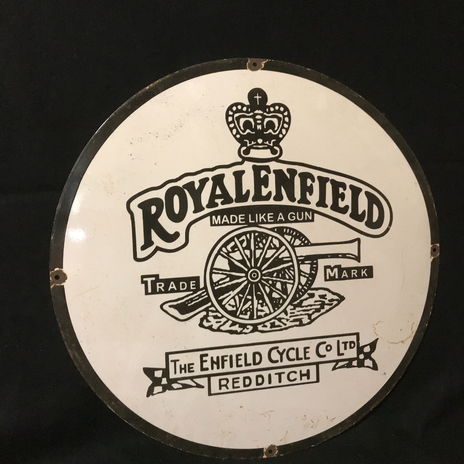 ROYAL ENFIELD REDDITCH ADVERTISING PORCELAIN ENAMEL SIGN 30 IN ROUND SS