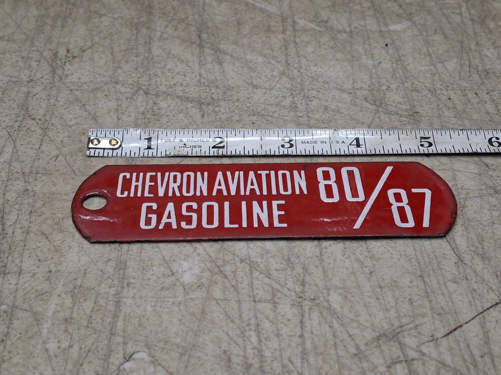 Vintage Chevron Aviation Gasoline 80/87 Porcelain Metal Gas Pump Tag Sign