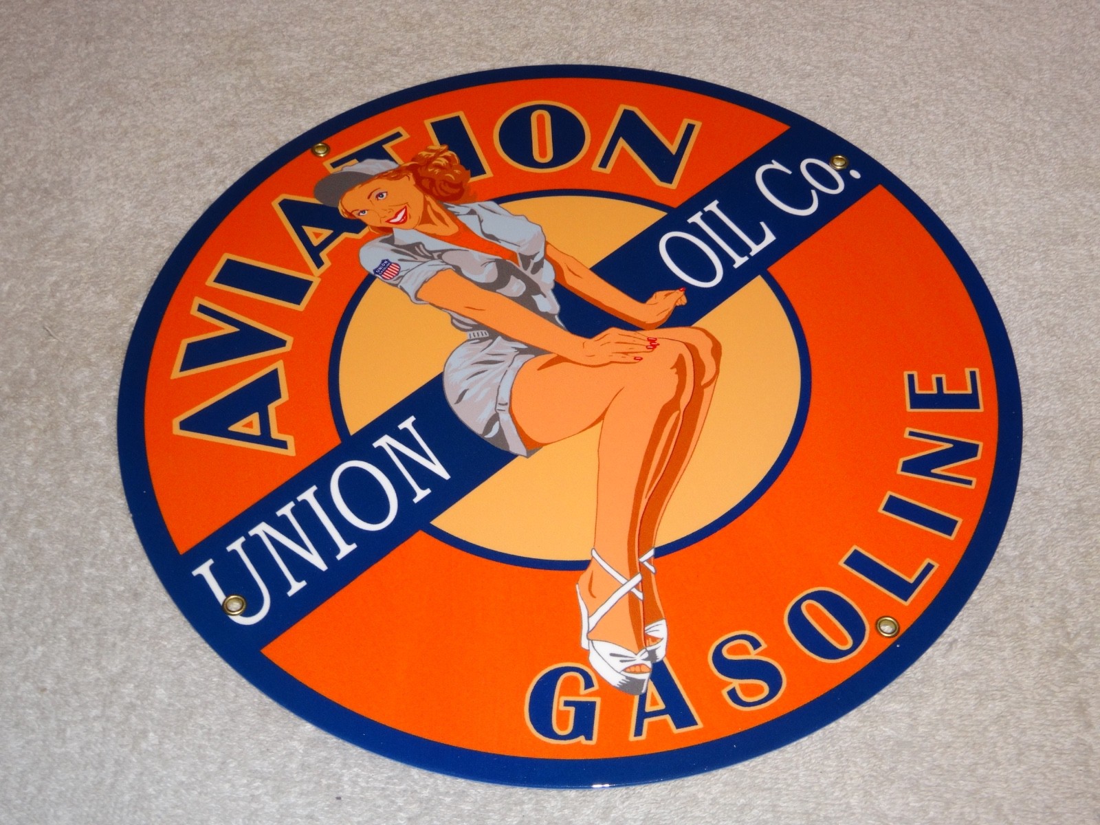 VINTAGE UNION AVIATION GASOLINE STATION +WOMAN 11 3/4″ PORCELAIN METAL OIL SIGN
