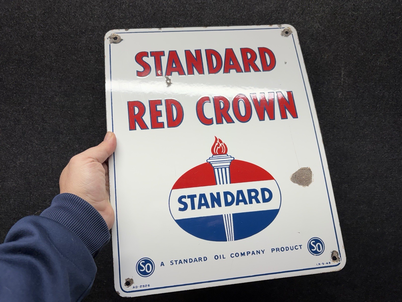 Vtg 1949 Standard Oil Red Crown Gasoline Porcelain Gas Pump Plate Sign 15” X 12”