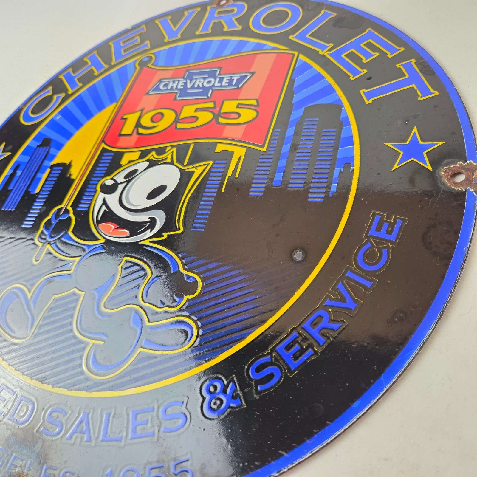 Vintage Chevrolet Porcelain Sign – Service Gas Pump Chevy Felix The Cat Sign