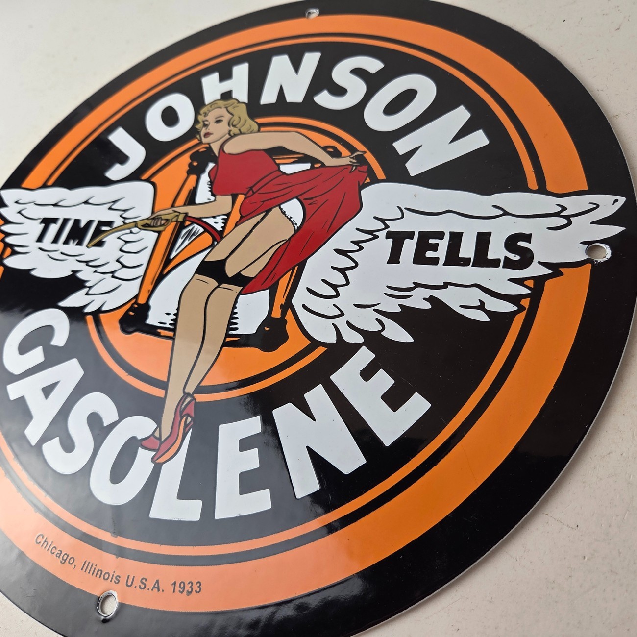 Vintage Johnson Gasoline Sign – Time Tells Gas Oil Pump Plate Porcelain Sign