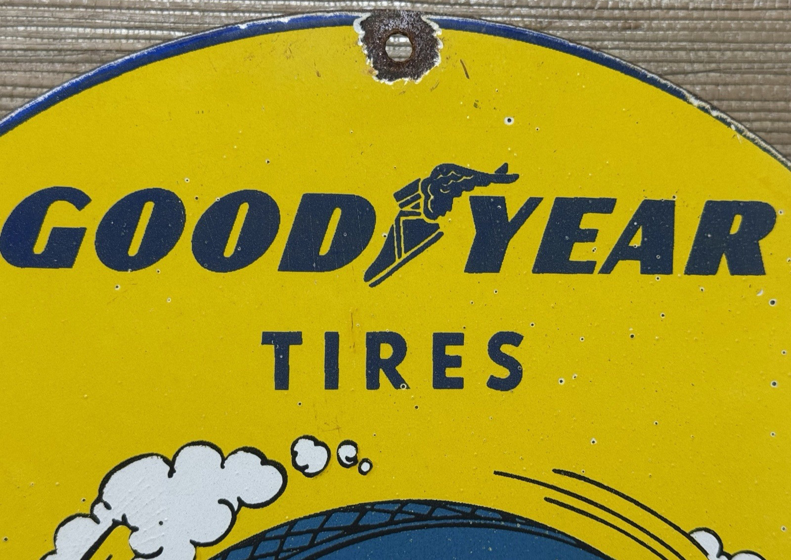 VINTAGE GOODRICH SILVERTOWN TIRES PORCELAIN SIGN GAS OIL DISNEY MICKEY FIRESTONE