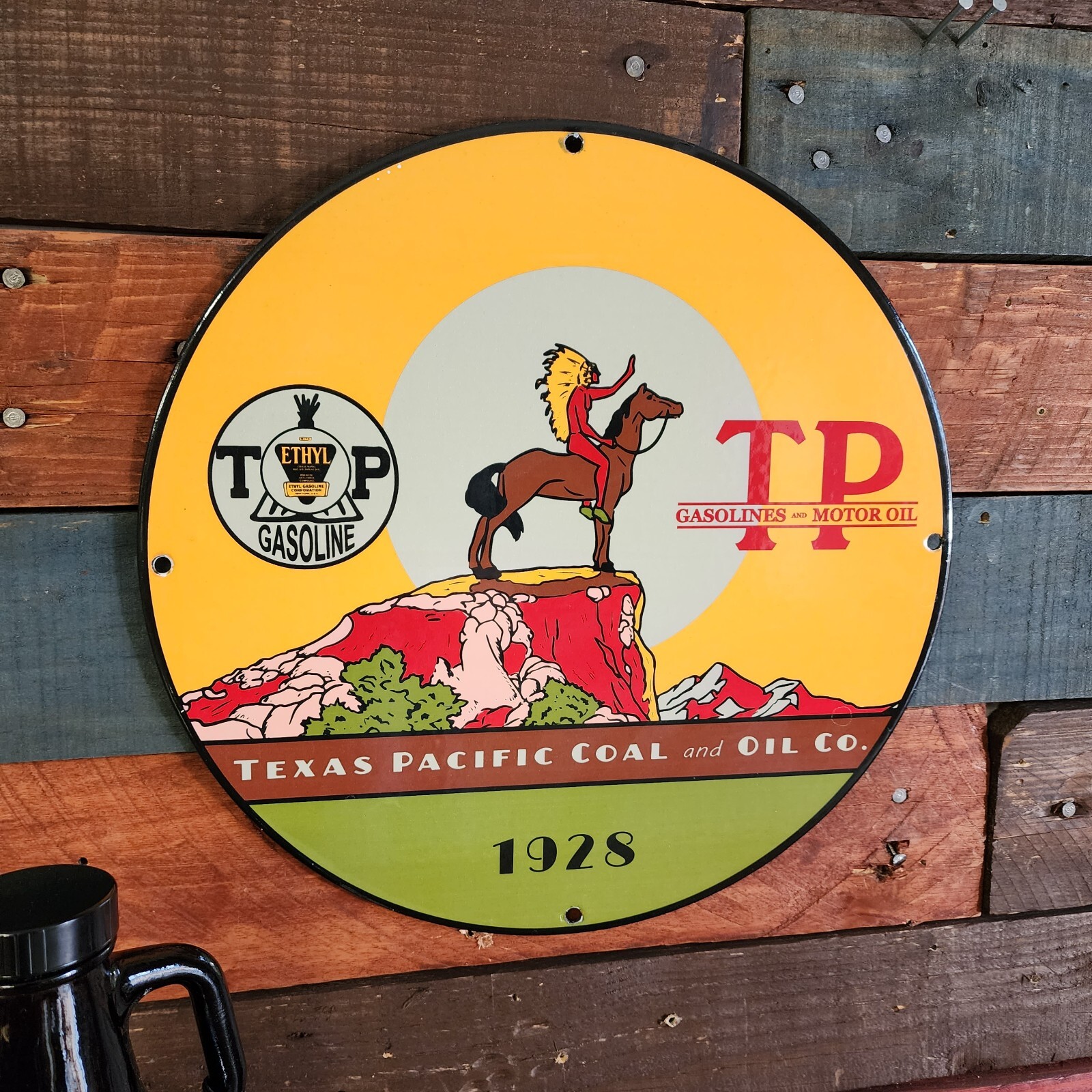 Texas Pacific Gasolines And Motor Oil 1928 Round Enamel Sign (12″)