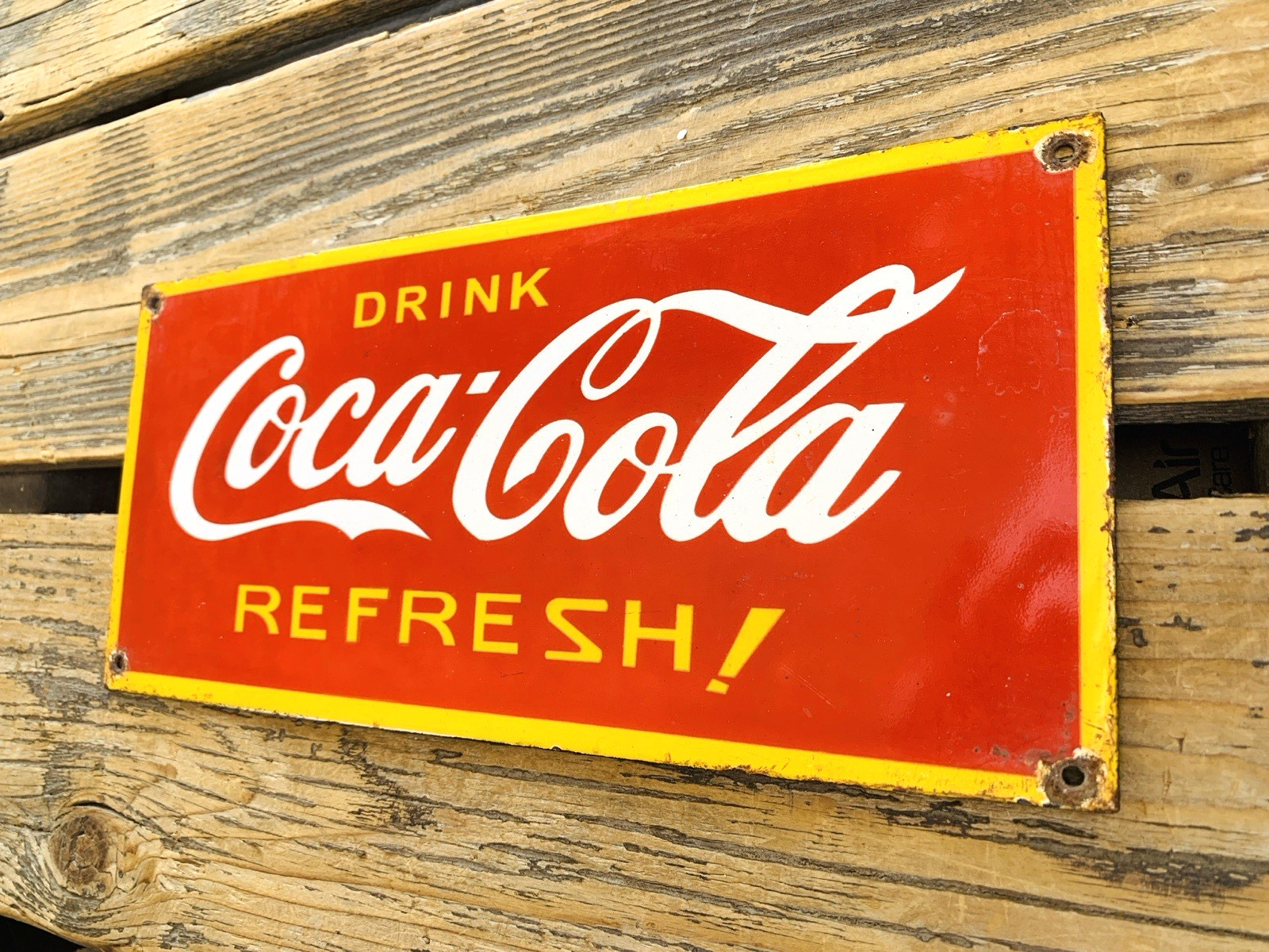 VINTAGE 12×5.5″ Drink COCA COLA REFRESH! COKE SODA POP PORCELAIN OIL GAS SIGN