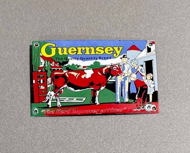 VINTAGE GUERNSEY FARM COW DAIRY PORCELAIN SIGN CAR GAS TRUCK OIL MOTORCYCLE