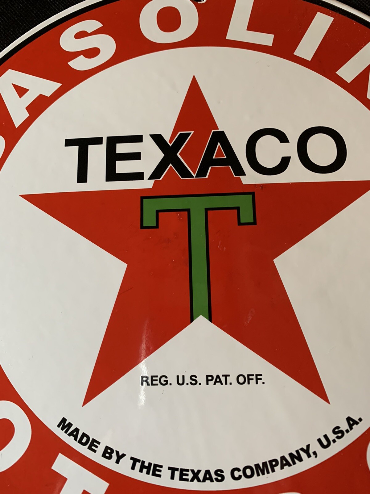 VINTAGE STYLE TEXACO”THE TEXAS CO.U.S.A.”12 Inch porcelain gas station sign.