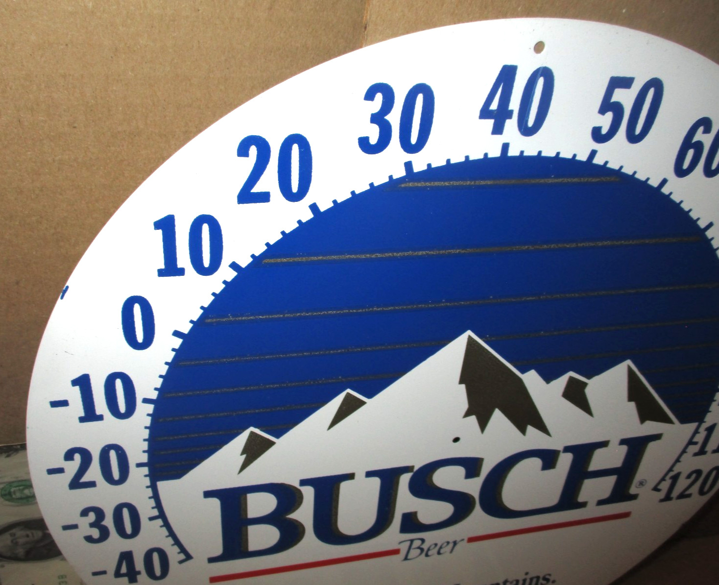 BUSCH BEER – Head For The Mountains – MADE USA -12″ Round- THERMOMETER FACE SIGN