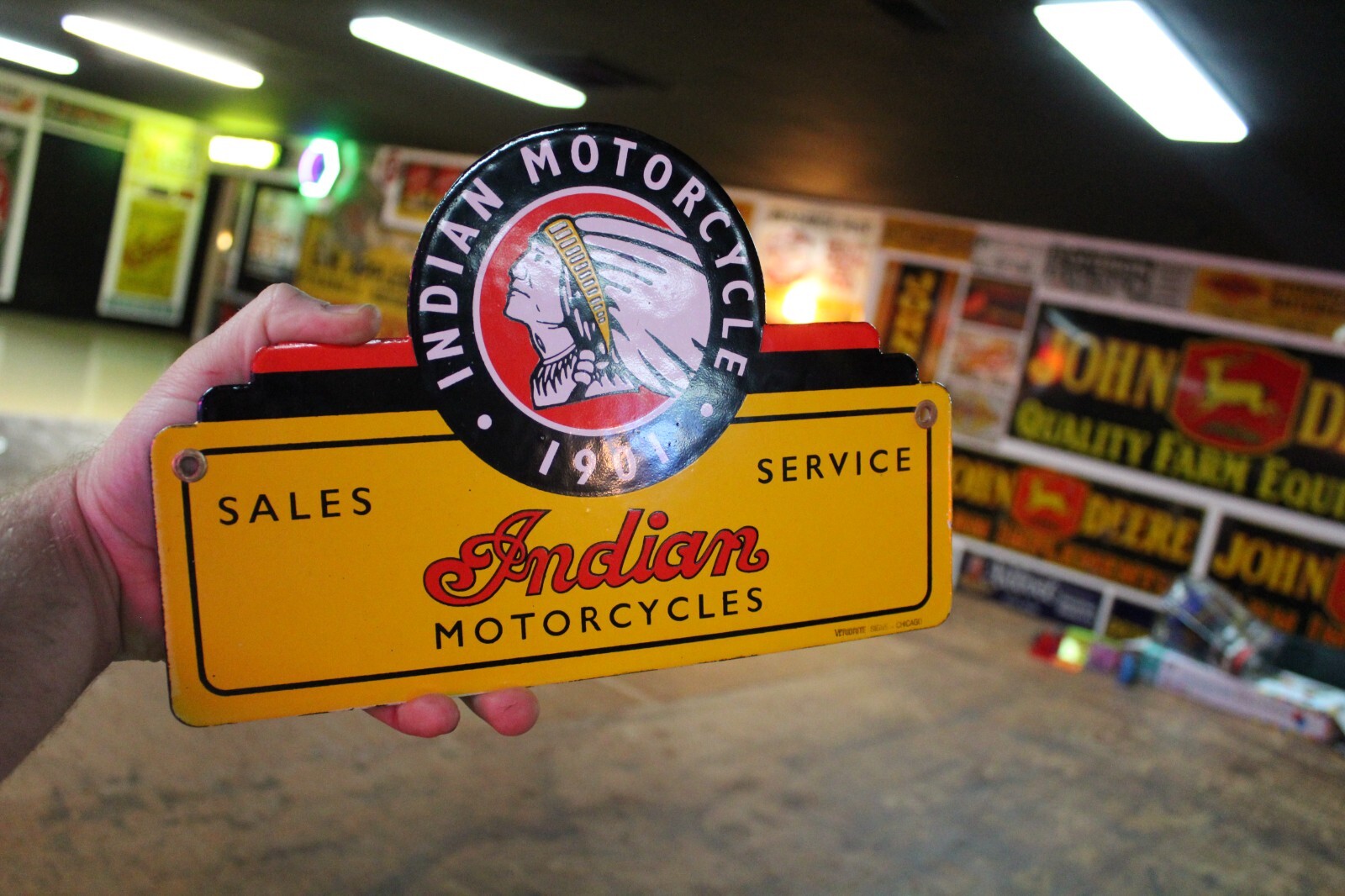 INDIAN MOTORCYCLE DEALER SALES SERVICE PORCEALIN METAL SIGN HARLEY GAS OIL FORD