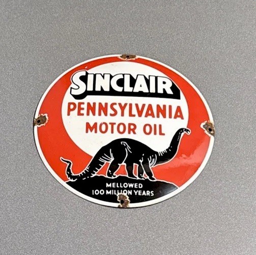 VINTAGE 12” DOMED SINCLAIR DINOSAUR PORCELAIN SIGN CAR GAS OIL TRUCK MOTORCYCLE