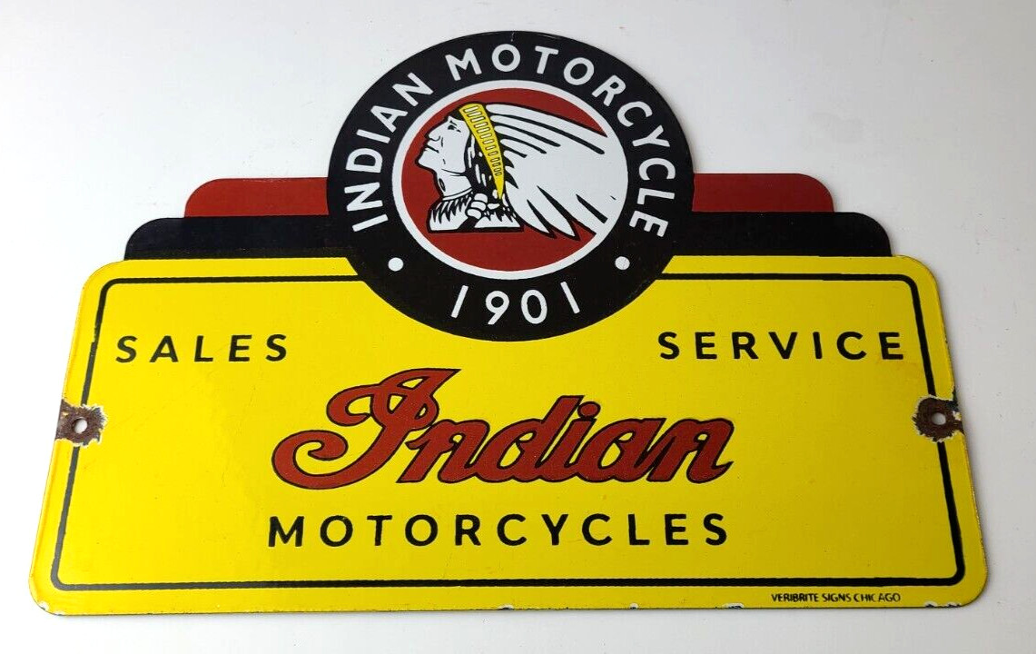 Vintage Indian Motorcycle Sign – Motor Bike Sales Service Parts Gas Enamel Sign