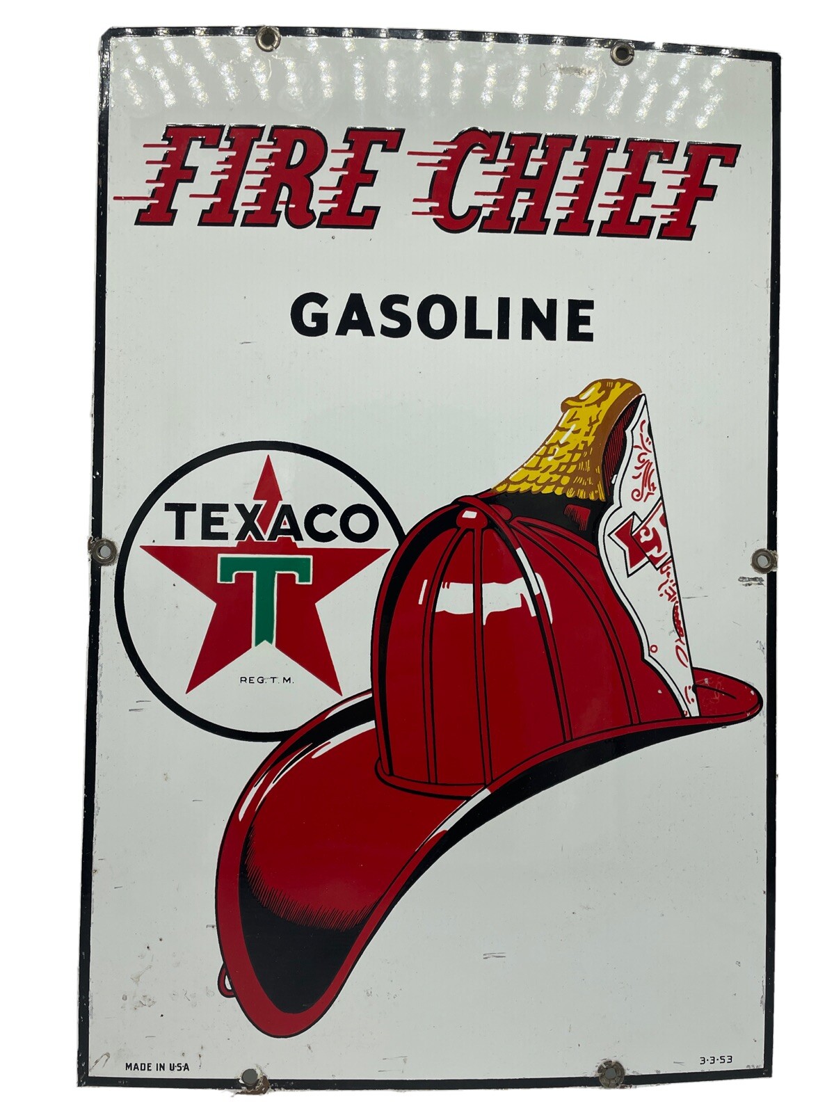 3-53 LARGE ORIGINAL & AUTHENTIC ”TEXACO FIRE CHIEF” 18X11 INCH PORCELAIN SIGN