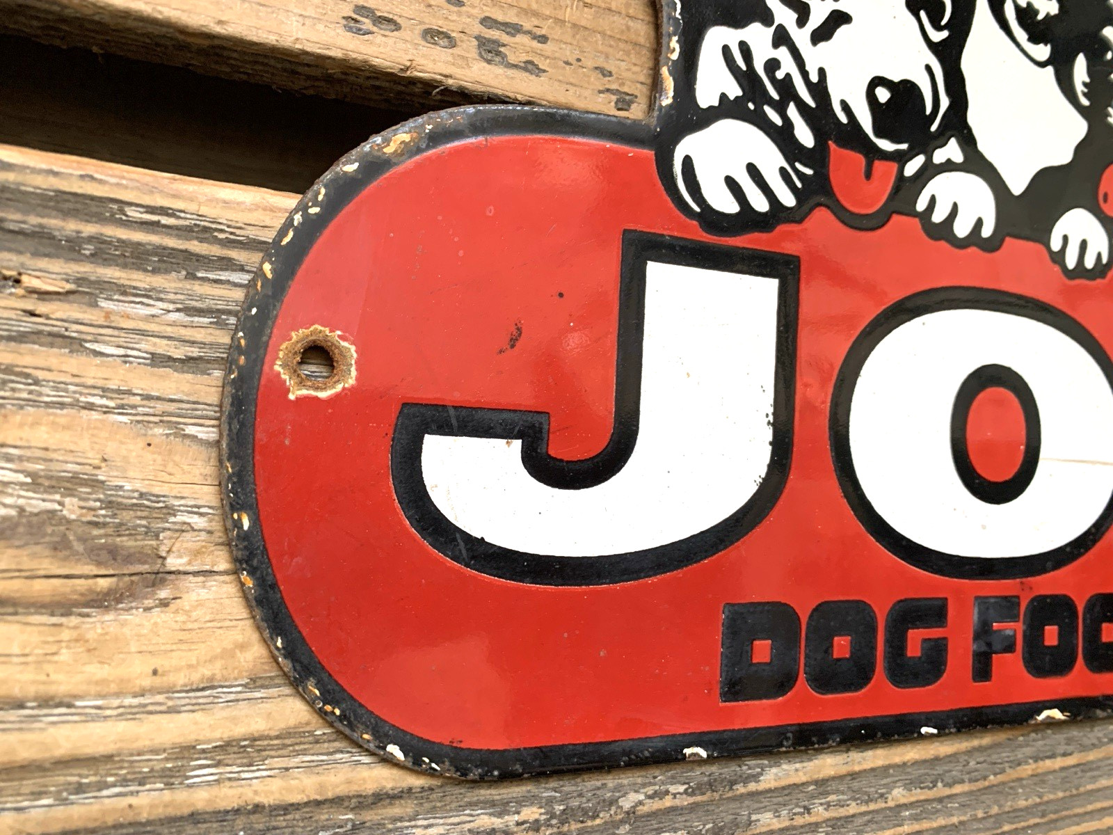 VINTAGE 10.5×7″ JOY DOG FOOD GASOLINE GAS PUMP STATION PORCELAIN MOTOR OIL SIGN