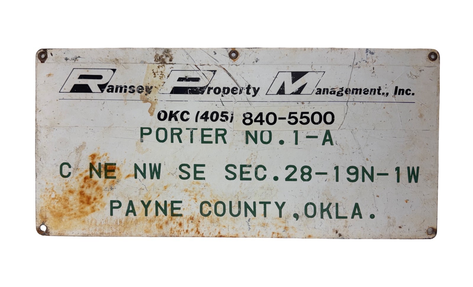 Old Oklahoma Metal Oil Well Lease Sign Payne County Ramsey Property Management
