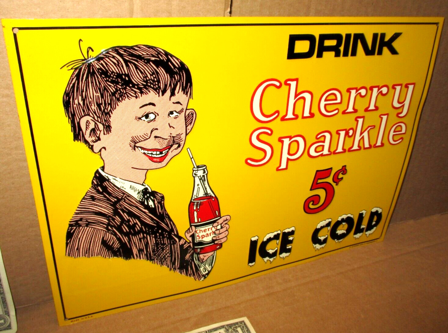 CHERRY SPARKLE – Ice Cold – EMBOSSED SIGN – Made in USA – SHOWS OLD GLASS BOTTLE