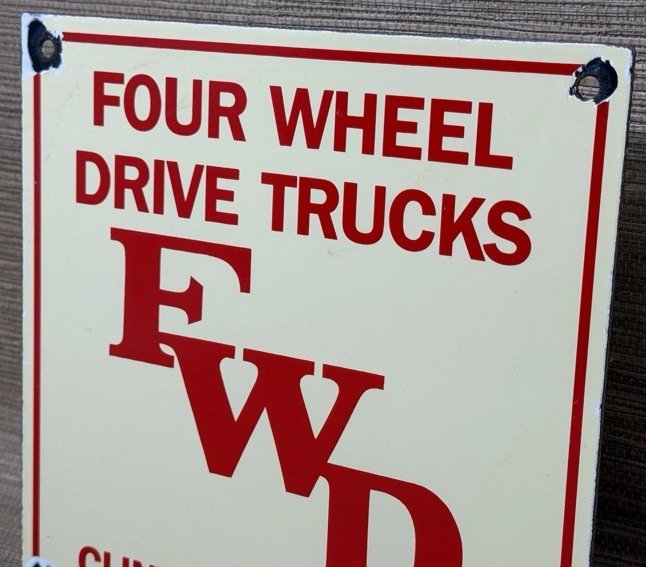 VINTAGE FOUR WHEEL DRIVE TRUCKS PORCELAIN SIGN REPAIR SHOP GAS OIL WISCONSIN