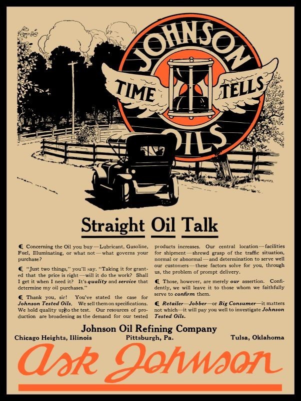 1918 Johnson Oil Refining of Pittsburgh -TIME TELLS! NEW Metal Sign: 9×12″