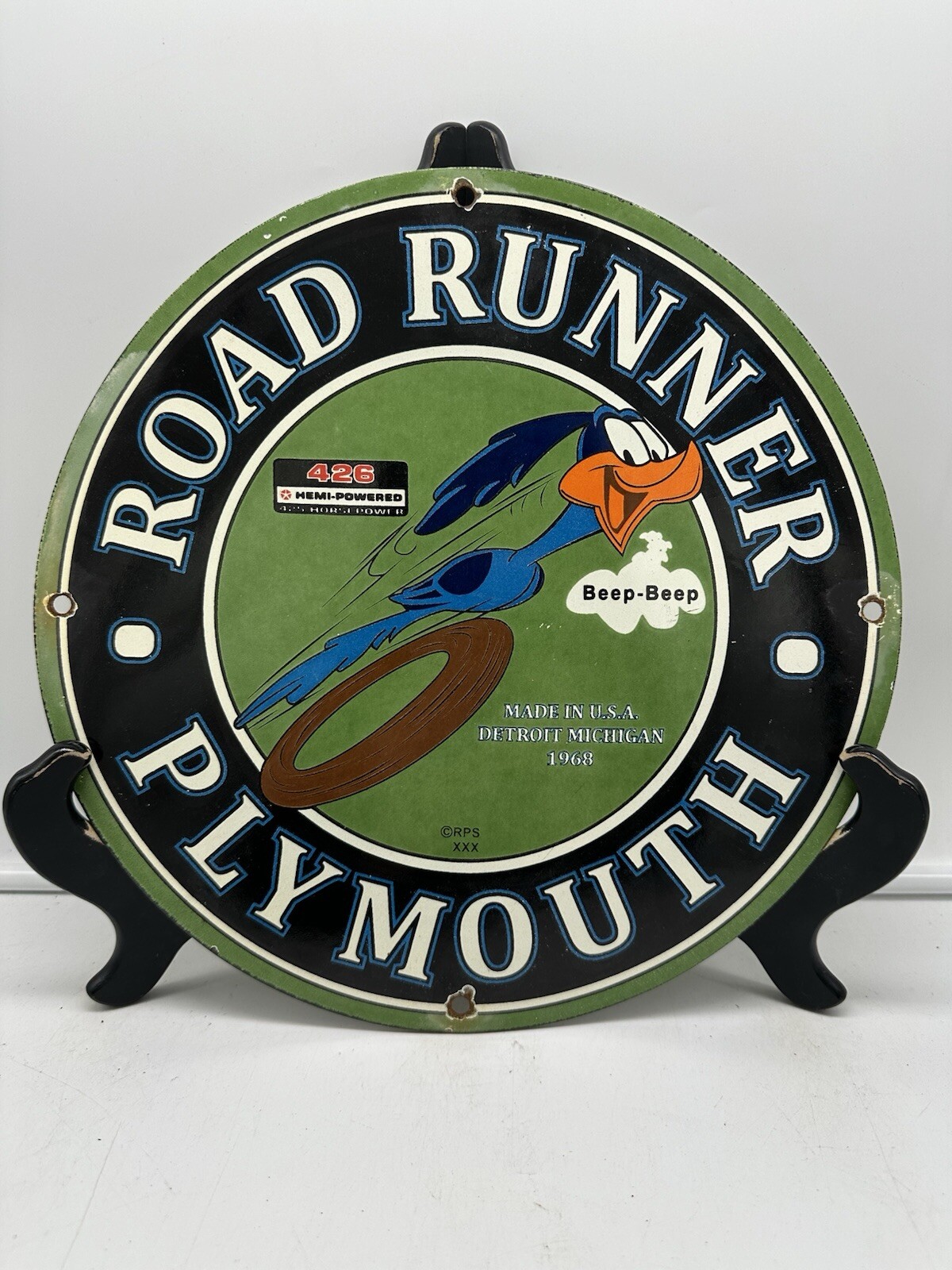 ’68 VINTAGE STYLE “PLYMOUTH” ROAD RUNNER 12 INCH PORCELAIN PUMP PLATE