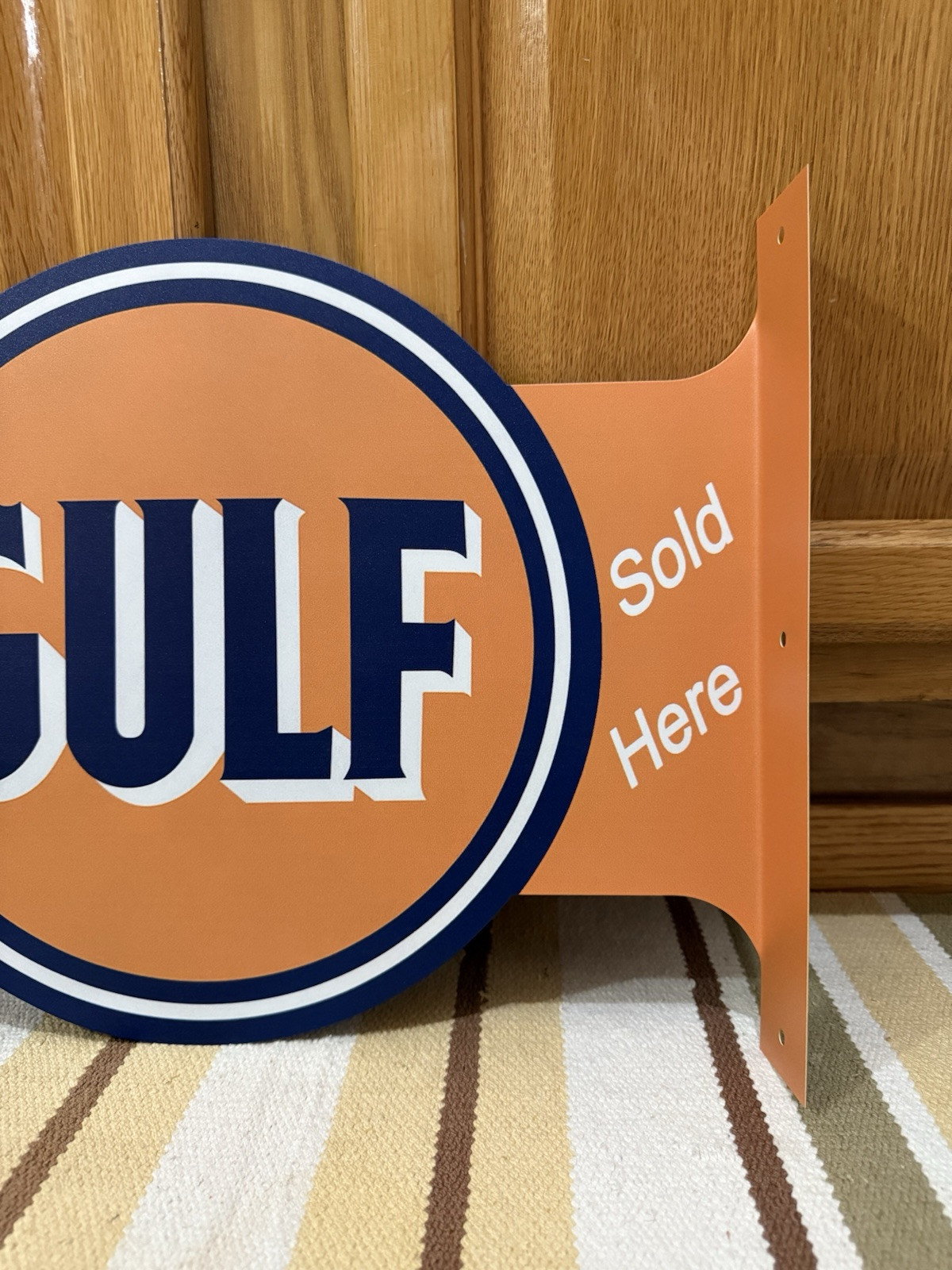 Gulf Gas Oil Flange Sign Sold Here Doubled Sided Garage Vintage Style Wall Decor