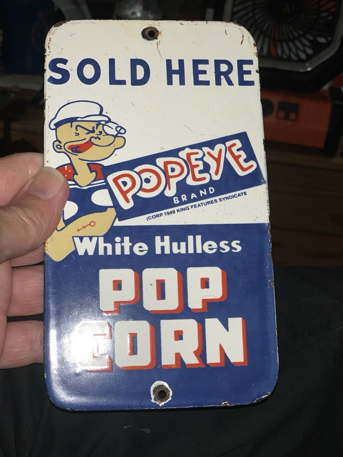 VINTAGE POPEYE SOLD HERE POPCORN SALES SAILOR Push Plate PORCELAIN SIGN Nice!