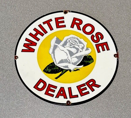 VINTAGE 12” WHITE ROSE FLOWER PORCELAIN SIGN CAR GAS OIL TRUCK MOTORCYCLE