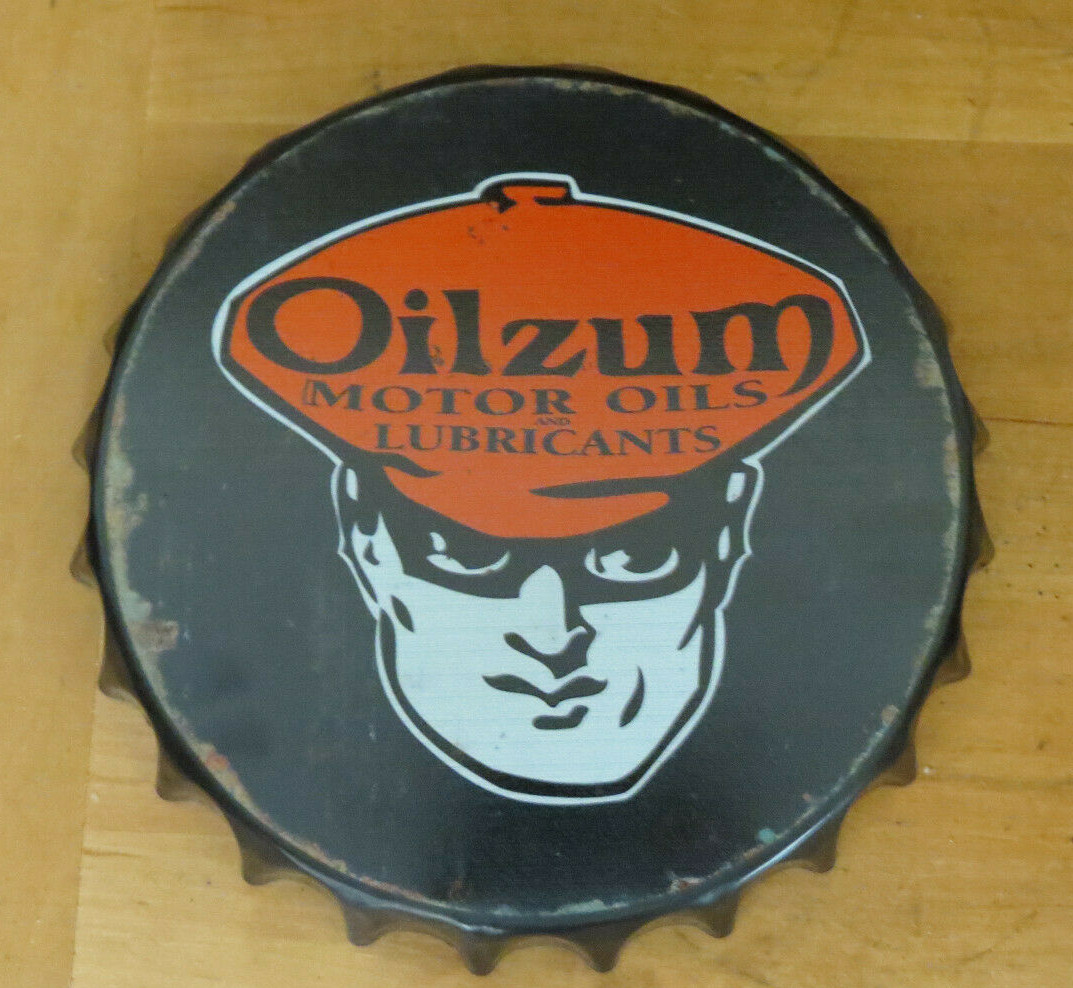 Vintage Style Oilzum Pop Bottle Cap Top Shaped Round Metal sign Man w Orange Hat