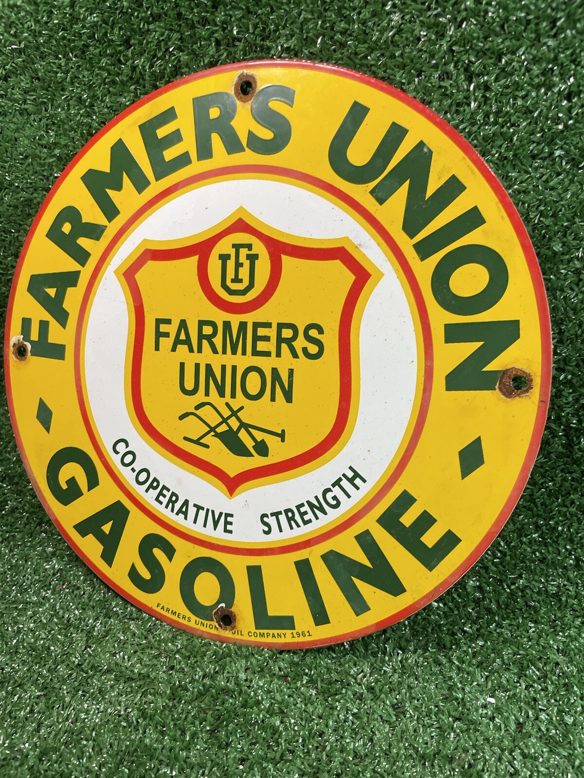 VINTAGE FARMERS UNION OIL CO PORCELAIN SIGN 1961 GAS STATION OIL FARM TRACTOR