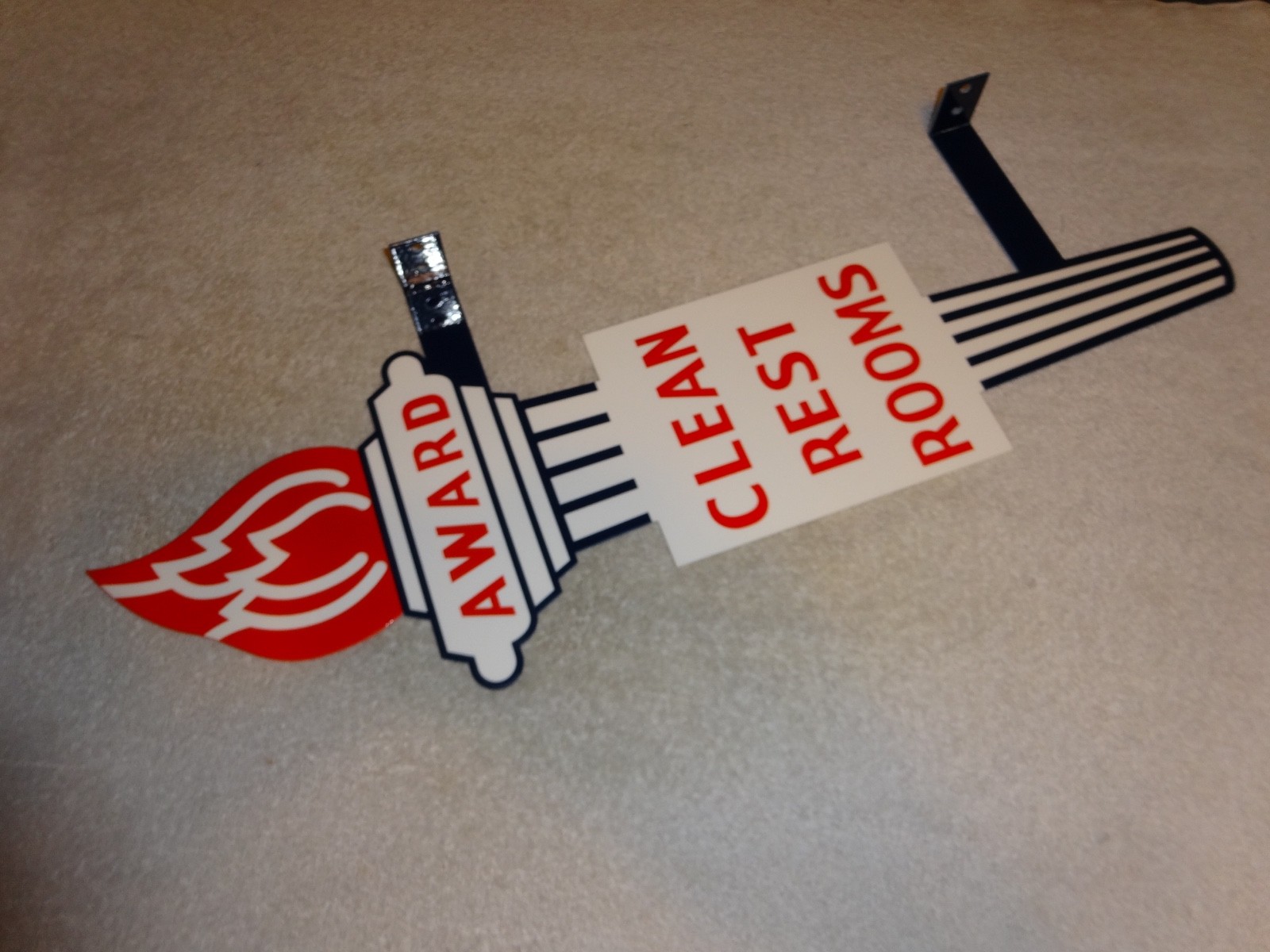 VINTAGE STANDARD GASOLINE TORCH CLEAN RESTROOM HUGE 2′ METAL AWARD BATHROOM SIGN